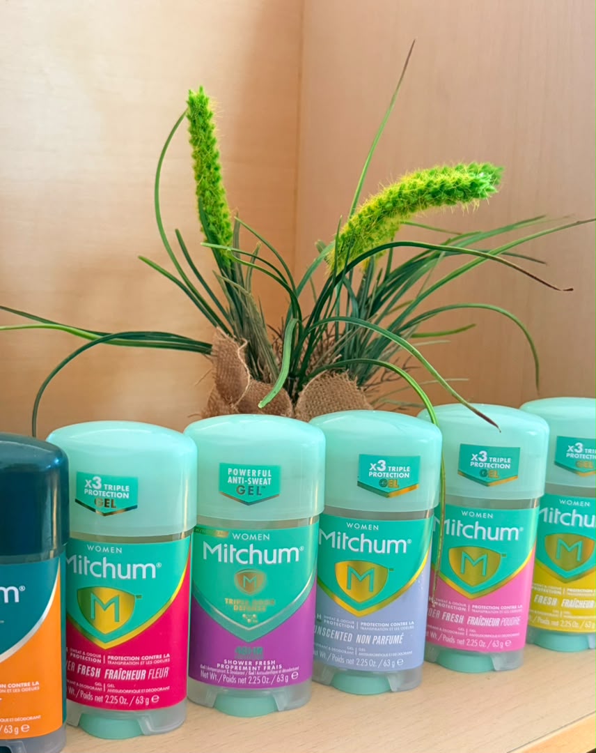 A shelf of Mitchum anti-perspirant deodorant gels in assorted scents at M.S Personal Cosmetica