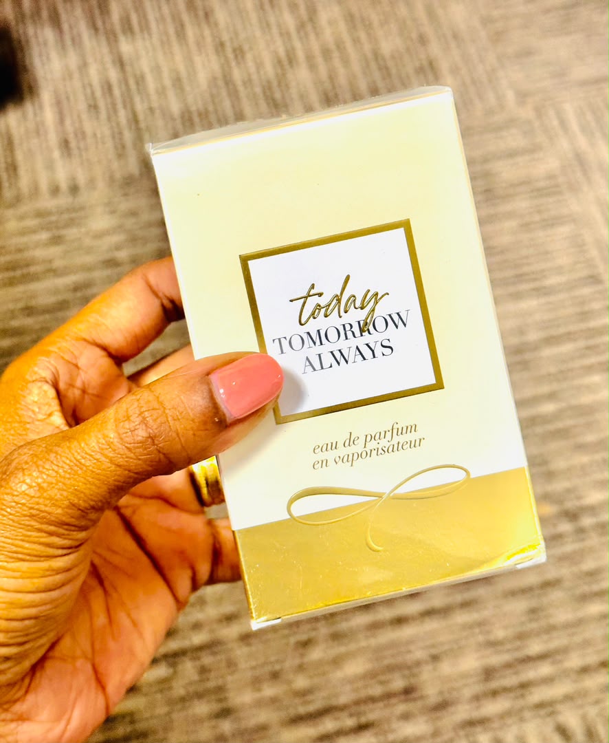 Today Tomorrow Always eau de parfum in ivory and gold packaging, available at M.S Personal Cosmetica in Tanzania