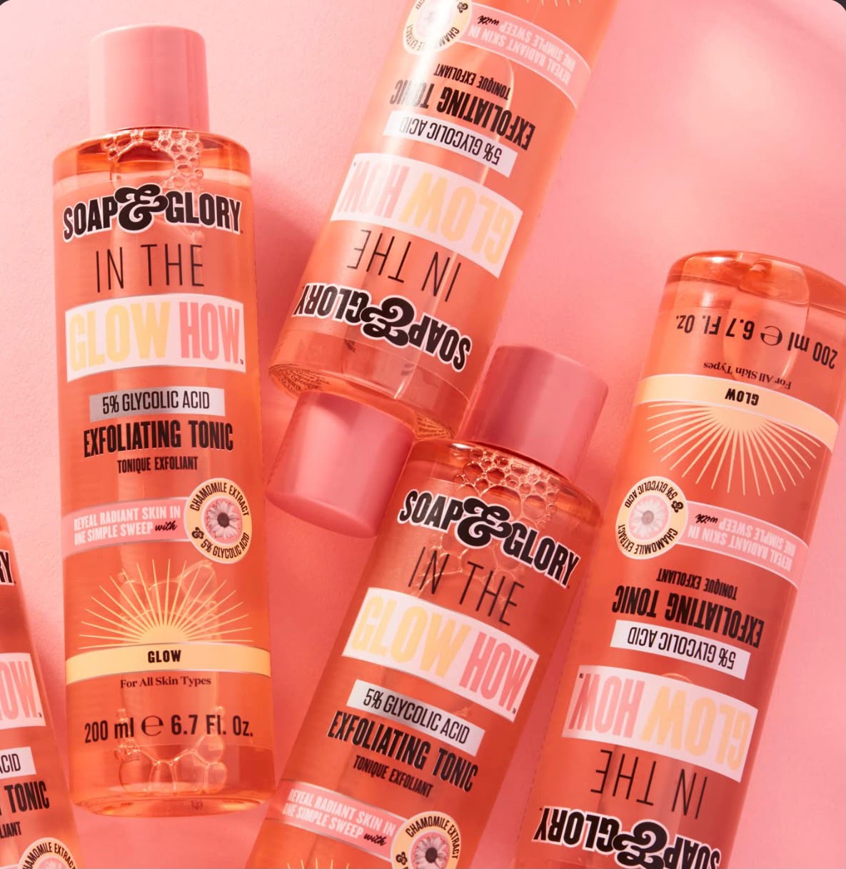 Soap & Glory In The Glow Now 5% glycolic acid exfoliating tonic bottles