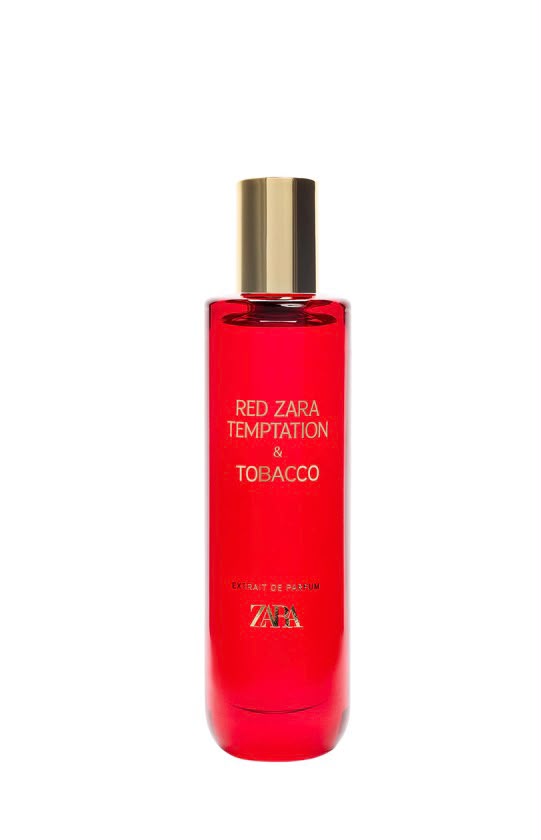 Zara Red Temptation x Tobacco Collection eau de parfum in a deep red bottle with gold cap